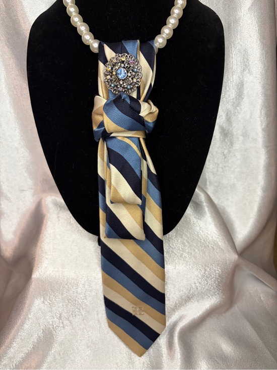 Givenchy Accessories - Givenchy Striped Silk Tie Necklace Accent in Navy, Light Blue & Gold